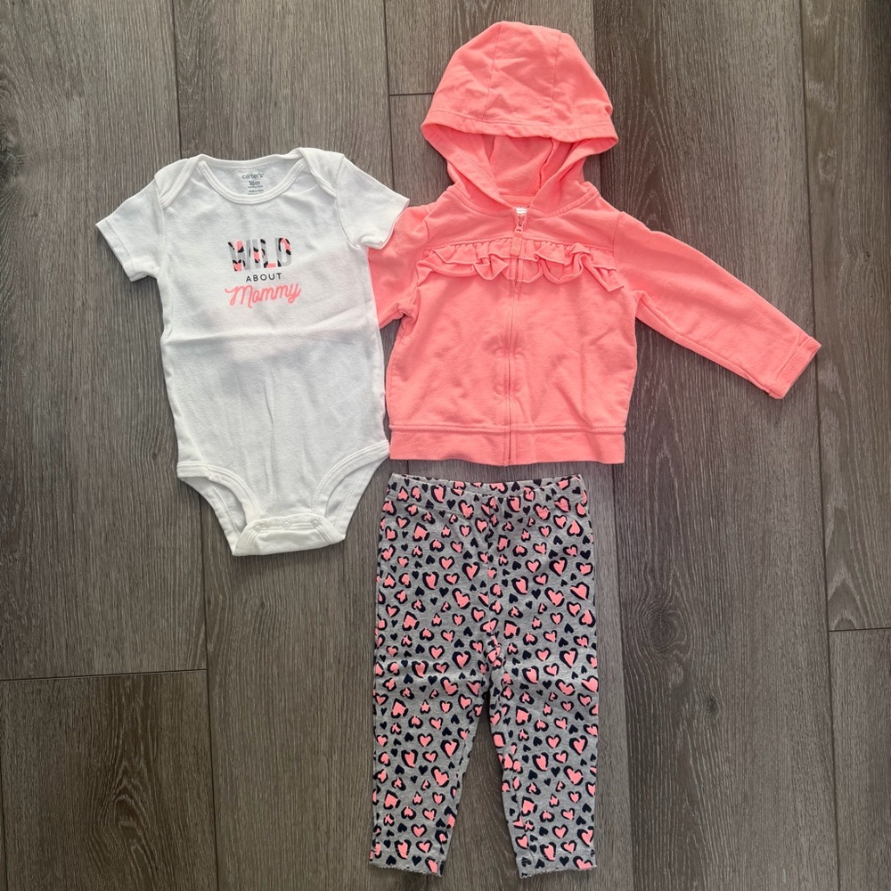 CARTERS 3PC ZIP UP SWEATSHIRT SHORT SLEEVE BODYSUIT AND PANTS SET 18MO